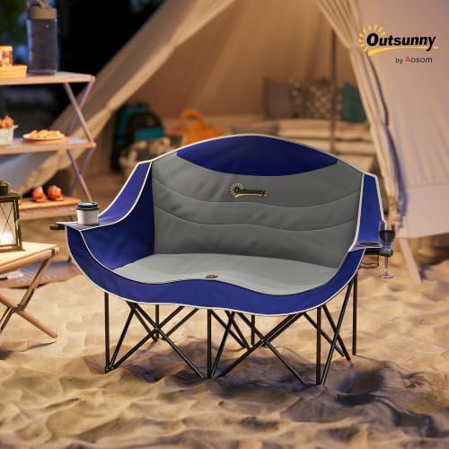 Outsunny Double Camping Chair for Adults, Padded Folding Camp Chair for 2 Person with Armrest, Wine Glass Holder, Cup Holder, Carry Bag for Outdoor Sports, Picnics, Supports up to 552 lbs.