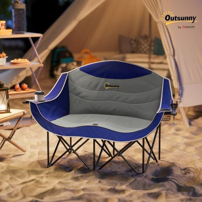 Outsunny Double Camping Chair for Adults, Padded Folding Camp Chair for 2 Person with Armrest, Wine Glass Holder, Cup Holder, Carry Bag for Outdoor Sports, Picnics, Supports up to 552 lbs.
