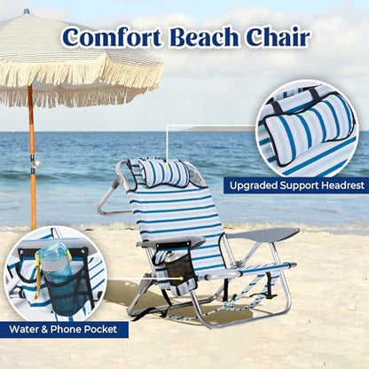 2 Pack Lightweight Portable Camping Beach Chair for Adults, Outdoor Lay Flat Folding Beach Chairs with 5 Positions, Backpack Beach Chair with Towel Bar, Zipper Pouch, Cup Holder, White Striped