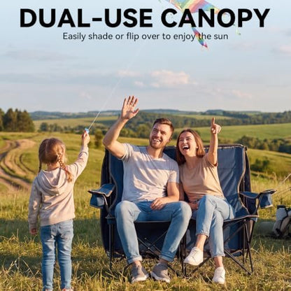 Double Camping Chair with Canopy,2 Person Folding Chair with Canopy, Blue