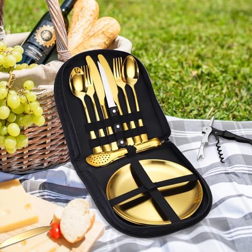 Camping Silverware Kit Cutlery Organizer Utensil Picnic Set Stainless Steel Plate Spoon Clip and Serrated Knife Wine Opener Fork Napkin Hiking - Camp Kitchen BBQ’s