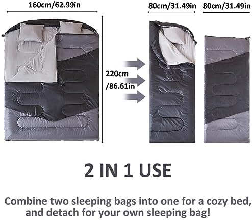 oaskys Double Sleeping Bag for Adults with 2 Pillows - Queen Size XL Waterproof Sleeping Bag for All Season Camping Hiking Backpacking 2 Person Sleeping Bags for Cold Weather & Warm