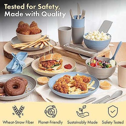 FOODLE Wheat Straw Dinnerware Set - RV, Camping Plates Cups and Bowls Set