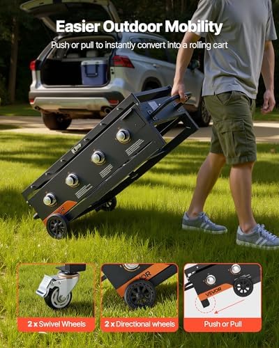 VEVOR Gas Griddle, 4-Burner Flat Top Grill, 36 inch Grill Plate Foldable Propane Griddle with Wheels, 60000 BTU Outdoor Flat Top Grills for Pan-Frying, Grilling, Stir-Frying, & BBQ, Pulse Ignition