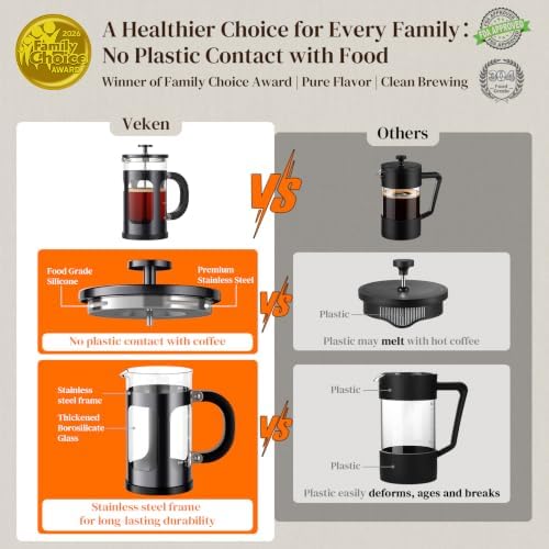 Veken French Press Coffee Maker,No Plastic Touches Cafe,21oz 0.6L Small Pot