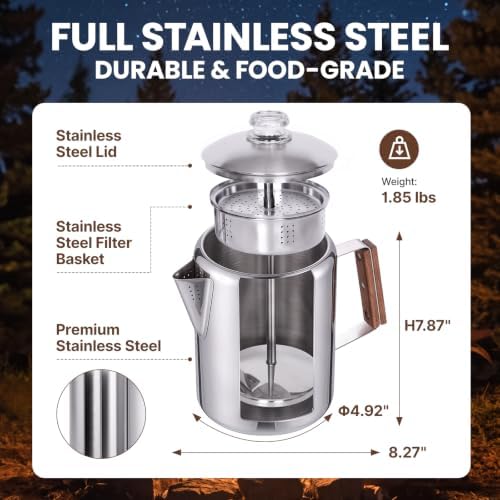 KingCamp Percolator Coffee Pot,304 Stainless Steel with Wood Handle,9 Cup