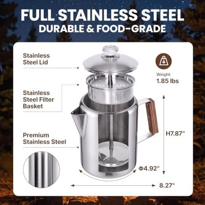 KingCamp Percolator Coffee Pot,304 Stainless Steel with Wood Handle,9 Cup