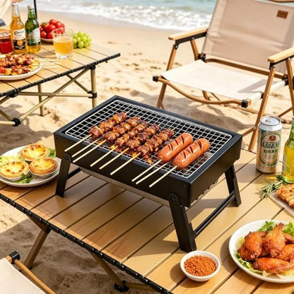 Portable Folding Charcoal Grills, 13.7“x8.7"7.5" Small Camping Campfire Grill, Barbecue Grill for Outdoor Travel Backyard Picnic Beach, with 8-Piece BBQ Accessories