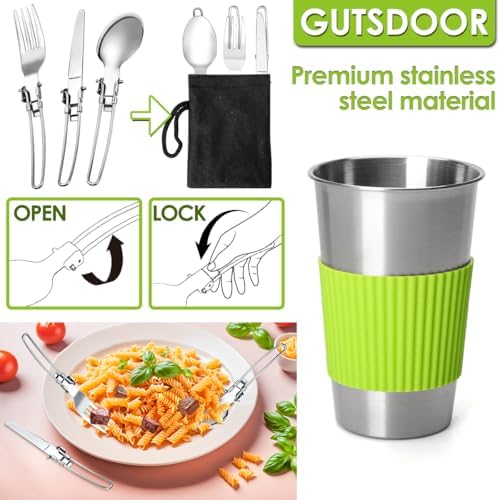 Gutsdoor Camping Cookware Set Camping Gear Campfire Utensils Non-Stick Cooking Equipment Lightweight Stackable Pot Pan Bowls with Storage Bag for Outdoor Hiking