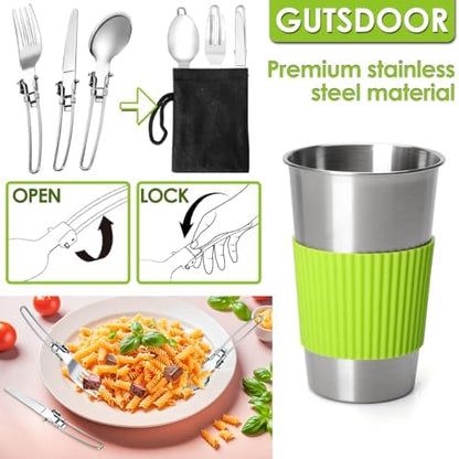 Gutsdoor Camping Cookware Set Camping Gear Campfire Utensils Non-Stick Cooking Equipment Lightweight Stackable Pot Pan Bowls with Storage Bag for Outdoor Hiking