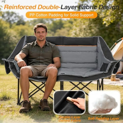 Suteck Double Camping Chair, 660lbs Oversized Camping Couch w/Independent Seats, Folding Camping Loveseat w/2 Cup & Wine Glass Holders, 1200D Oxford, Side Pocket & Carry Bag, for Camping, Lawn, Patio