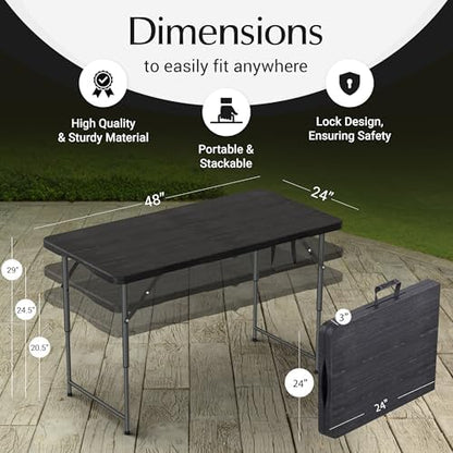 2 PACK of 4 Feet Foldable Table Adjustable Height with Built in Handle, Steel Legs | 4FT Heavy Duty Portable | Perfect for Party Dining Wedding Events Picnic Indoor Outdoor Camping Folding - 4 Foot