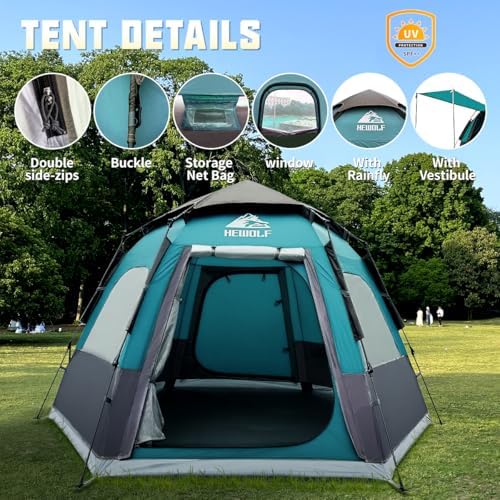 Hewolf 2/3/4 Person Camping Tent - Instant Pop Up Waterproof 2 Doors Tent with Easy Setup | 3-Season Hexagonal Dome Design for Family, Hiking & Traveling