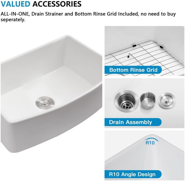 30 White Farm Sink - Fulorni 30"x19" Farmhouse Kitchen Sink Curved Apron Front Ceramic Porcelain Fireclay Single Bowl Farmer Style Basin