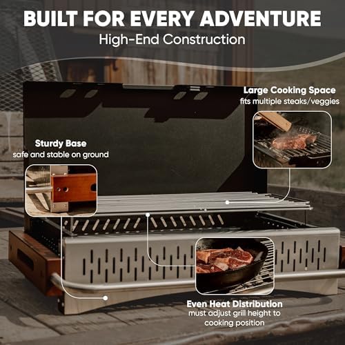 GasOne XL Portable Charcoal Grill – 24.5 x 18.5-inch Foldable Barbecue Grill Briefcase with Lid – Lightweight and Compact Charcoal Smoker for Camping, Garden, Beach, Backyard – No Assembly