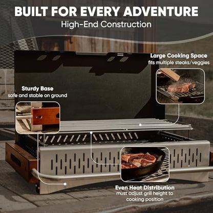 GasOne XL Portable Charcoal Grill – 24.5 x 18.5-inch Foldable Barbecue Grill Briefcase with Lid – Lightweight and Compact Charcoal Smoker for Camping, Garden, Beach, Backyard – No Assembly