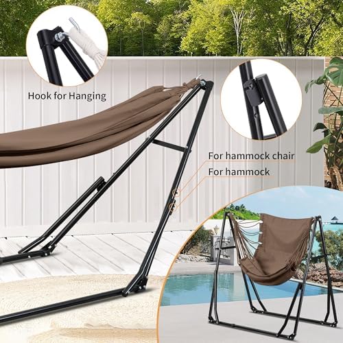 Ainfox Hammock with Foldable Stand, 2 in 1 Hammock and Swinging Chair with Carrying Bag, Portable Camping Chair Suitable for Outside, Swing,Patio,Garden,Camping Trip Coffee