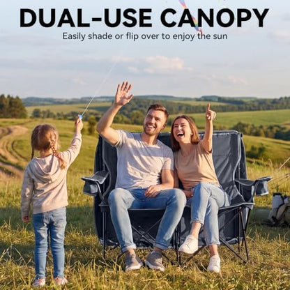 Double Camping Chair with Canopy,2 Person Folding Chair with Canopy, Grey