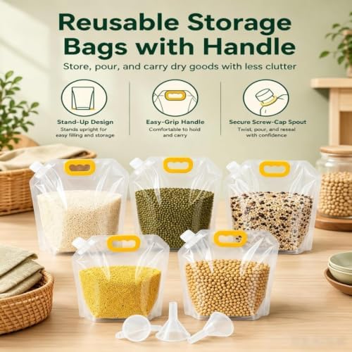 Airtight Grain Storage Bags with Handle, 5 Pack Large Capacity Cereal Containers Storage, Moisture-Proof Stand-Up Dry Food Pouches, Reusable Rice Sealed Container for Kitchen & Pantry (10PCS, 2.5)