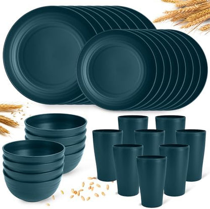 Green Unbreakable Plates and Bowls Sets Microwave and Dishwasher Safe,Dark Green Dinnerware Sets for 8,Christmas Reusable Plastic Dishes Set Lightweight for Elderly Kitchen Adults Camping Outdoor