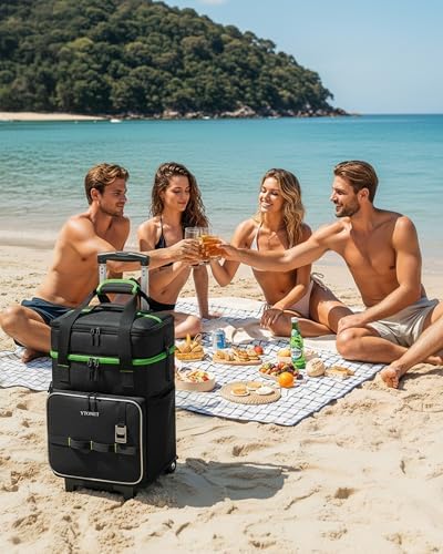 Ytonet 2-in-1 Rolling Cooler with Wheels, 55 Cans/40L Large Insulated Cooler on Wheels with Detachable Top Bag, Leakproof Soft Sided Cooler Bag for Beach, Picnic, Camping, Travel and Grocery，Black