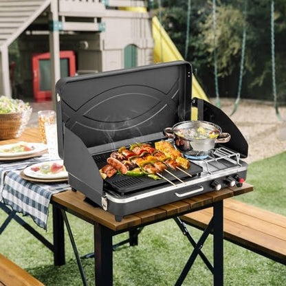 2-Burner Gas Camping Stove, Portable BBQ Grill with Detachable Legs, Roast Grill & 3-Sided Wind Screen, 22,000 Total BTUs of Power, Outdoor Propane Burner Grill Stove for Picnic (Black)