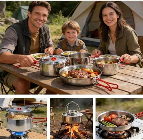 Foldable 18/8 Stainless Steel Camping Cookware 11pcs for 4-8 People