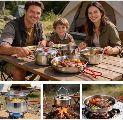 Foldable 18/8 Stainless Steel Camping Cookware 11pcs for 4-8 People