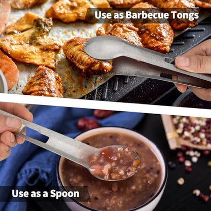 TiTo Titanium 4 in 1 Camping Cookware - Titanium BBQ Tongs, Spork, Knife and Spatula, Portable Lightweight Multi Tableware for Kitchen, Hiking, Backpacking, Outdoor Cooking, Travel, Picnics (Titanium)