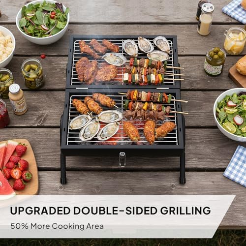 Outvita Portable Charcoal Grill with Thermometer, Dual-Sided Tabletop Black