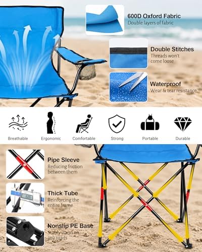 HaSteeL 2PCS Camping Chairs with Detachable Umbrella, Folding Beach Chair for Adults, Large Portable Foldable Chair for Outdoors Fishing Hiking Travel Picnic Lawn, Supports 275lbs, Storage Bags, Blue