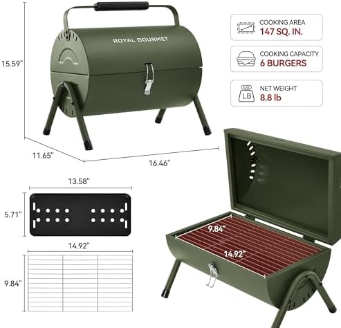 Royal Gourmet CC1015L Portable Charcoal Grill, Lid Handle, Four Air Vents