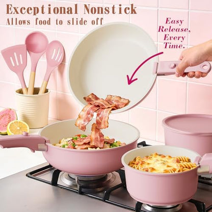 Umite Chef Pots and Pans Set Non Stick, 21 pcs Nonstick Ceramic Cookware Set, RV Kitchen Cooking Set with Detachable Handles, Oven Safe, Induction Cookware, Stackable, Pink, PFAS PFOA & PTFE Free