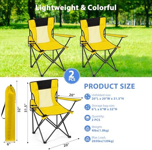 Shellwei 2 PCS Folding Camping Chair with Cupholder and Carry Bag Regular Size Colorful Breathable Portable Lightweight Lawn Chair with Side Pocket for Fishing Hiking Beach Outdoor Activity