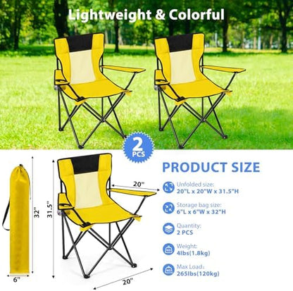Shellwei 2 PCS Folding Camping Chair with Cupholder and Carry Bag Regular Size Colorful Breathable Portable Lightweight Lawn Chair with Side Pocket for Fishing Hiking Beach Outdoor Activity