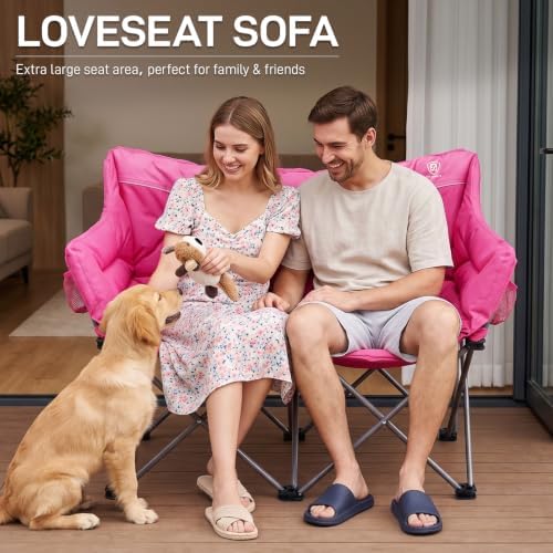 EVER ADVANCED Double Padded Camping Chair for Adults,Portable Couch, Two Person Heavy Duty Outdoor Chair, 600lbs, Pink
