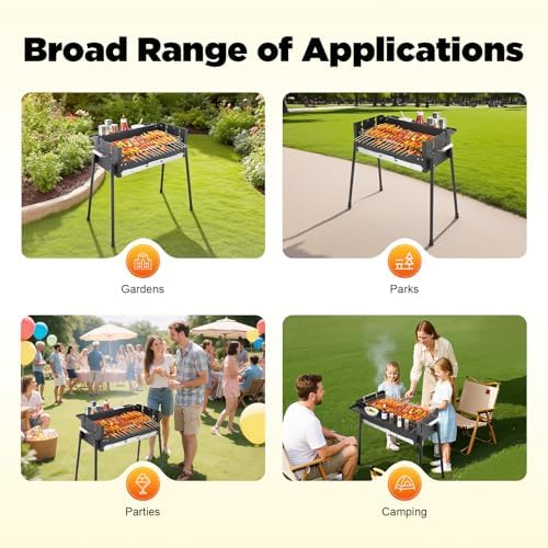 Portable Charcoal Grill, Folding BBQ Grill with 3 Adjustable Height Levels & Side Table, Stainless Steel & Iron Outdoor Grill for Camping, Tailgating, Backyard, Picnic, Fits 3-8 People 25.79" x 11.42"