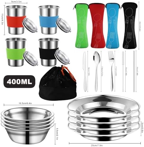 Camping Mess Kit Stainless Steel Utensils Camping Cookware Set for 4 Person