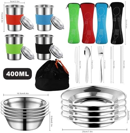 Camping Mess Kit Stainless Steel Utensils Camping Cookware Set for 4 Person