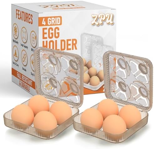ZPU Egg Holder Camping, 2Pcs 4 Grid Egg Container, Plastic Egg Carrier for Camping Picnic Travel Outdoor Refrigerator Kitchen, Protective Egg Storage Case, Grey Orange