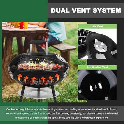 14 inch Charcoal Grill, Joyfair Small Portable Camping BBQ Kettle Grill