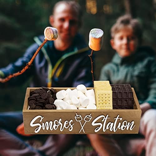 PuGez S'mores Station Box with Handles, Outdoor Kitchen Camping Decor Food Container, Farmhouse Bar Holder Accessories Organizer, Rustic 3D Style Storage Caddy Kit for Fire Pit, BBQ Housewarming Gift