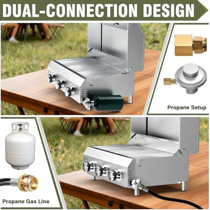 Bestfire 3-Burner Tabletop Propane Gas Grill with Dual Connections, 30,000 BTU Portable Propane Grill Fits Large Cylinders & Small Canisters, Knobs, Compact Design for Camping, RV, BBQ