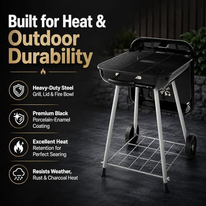 17.5 Inch Square Charcoal Grill with Wheels, Portable Outdoor BBQ Kettle