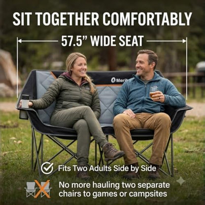 EMERIT Oversized Fully Padded Camping Chair, Heavy Duty 650LB Folding Camping Loveseat, Quad Fold Double Camping Couch with Cup Holders & Carry Bag for Outdoor, Lawn, Sports Events Black