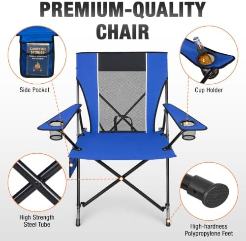 Romswi Portable Camping Chairs for Adult, Folding Outdoor Chairs with 2 Cup Holder, Folding Chair with Mesh Back for Outdoor, Fishing, Garden, 2-Pack, Blue