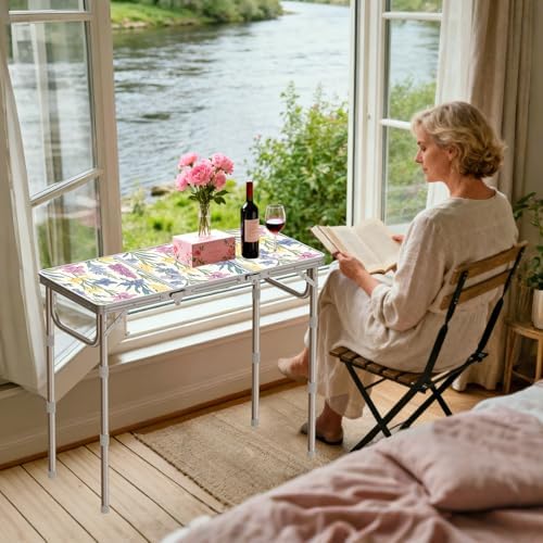 Anbte 3ft Folding Camping Table, 3 Adjustable Height Max 27.5",Floral Bloom