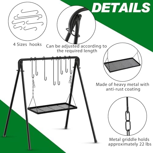 Rossesay Grill Swing Campfire Stand Campfire Cooking Equipment Adjustable Camping Accessories Cookware Hanging Rack with 8 Hooks and Portable Grill Stand for BBQ Picnic Outdoor Party
