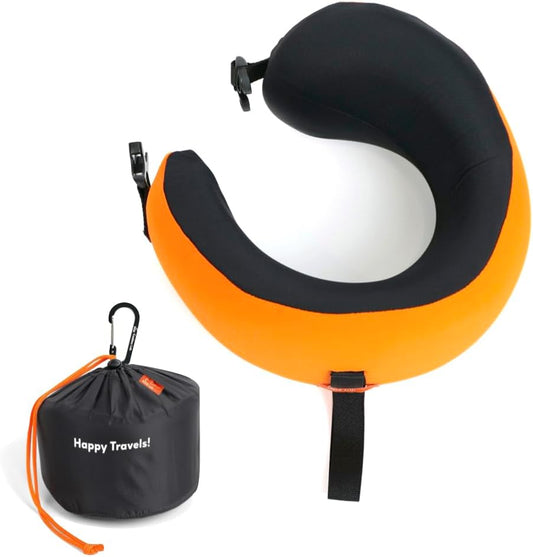 C CUSHION LAB Travel Pillow, Award-Winning Patented Ergonomic Design for Chin & Neck Support Memory Foam Neck Pillow, Compact Airplane Pillow for Traveling, Flight, Car (Dynamic Orange, Medium)