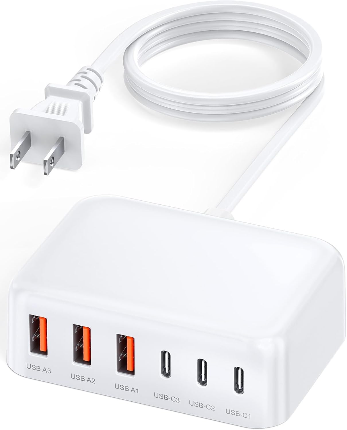 USB C Charger Block, 100W GaN 6 Port PD USB C QC USB A Wall Charger Adapter Plug Cube, Super Fast Type C Charging Station Hub for iPhone 16 15 14 13 12 Pro Max iPad Samsung Pixel 5ft Extension Cord